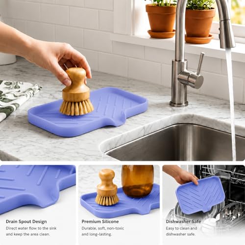 MicoYang Silicone Soap Dish with Drain Spout — Self-Draining Sink Organizer Tray for Bathroom & Kitchen, Sponges, Dispensers & Soap Holder, Non-Slip & Dishwasher Safe, Light Purple (Medium, 9.6"×5.3") - color: Light Purple, size: M(9.6"×5.3")
