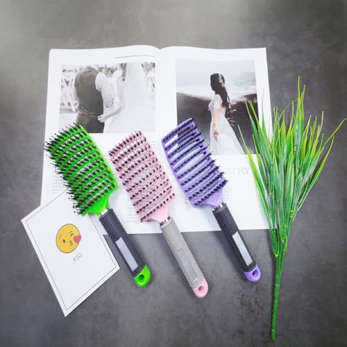 3 Pack Detangling Brush Getting Knots Out without Pain Adds Shine and Makes Hair Smooth, Detangler Boar Bristle for Adult & Kids Wet or Dry Hair(Pink/Purple/Green)