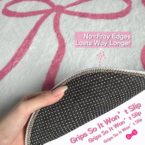 Bow Toilet Rug with Lid Lifter & Button; U-Shaped, Luxury, Scalloped Bathroom Mat; Non-Slip, Cute, Microfiber Soft Rugs Set — Pink Pastel Coquette Decor for Toilet Base (Pink, 24 x 20 Inches)