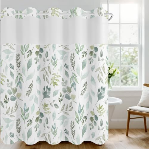 No Hook Shower Curtain with Snap in Fabric Liner Set, Waterproof & Washable, Boho Green Botanical Leaf Floral Shower Curtains for Bathroom, Rustic Modern Hotel Style Plant Bathroom Curtain, 71x74 inch - color: Green Foliage