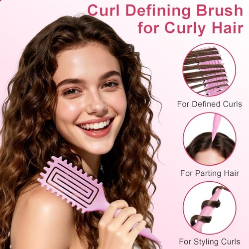 Curly Hair Brush, Curl Defining Brush with Soft Boar Bristles Detangling Tangled Glides, Wide-Teeth Design Effortlessly Shaping & Defining Curls, Curling Definer for Wet & Dry Hair (Pink) - color: Pink