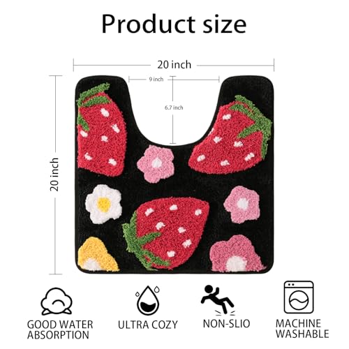 Anybar U-Shaped Toilet Rug 20x20'' - Super Soft Absorbent Bathroom Mat with Cute Strawberry & Flower Design, Non-Slip Quick-Dry Washable Contour Rug for Toilet, Bath Mats for Bathroom Decor（Black） - color: Black, size: 1'8" x 1'8" (U-Shape)
