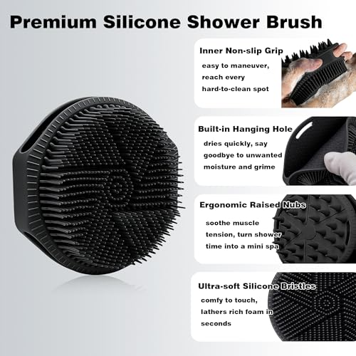 Silicone Body Scrubber for Men Women, Dual-Sided Bath Brushes Gentle Exfoliating Body Scrubber Scalp Massager for Deep Cleansing, Soft Silicone Loofah Body Washing Brushes (Black) - color: Black