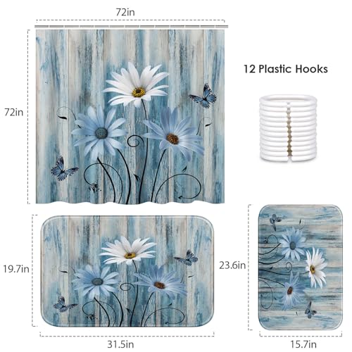 ArtSocket Blue Daisy Bathroom Set with Shower Curtain and Bath Rugs and Accessories,Wooden Boards Non-Slip Shower Curtain Set,Bathroom Decor 3 Pcs - color: Blue Daisy
