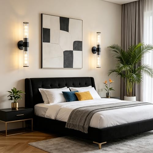 Bathroom Light Fixtures 2 Pack Hardwired, Black Wall Sconce Threaded Glass Vanity Light Featuring Two E26 sockets, Bathroom Wall Light Dimmable - Bulb Not Included, UL Certification - color: Black Threaded Glass-2Pack