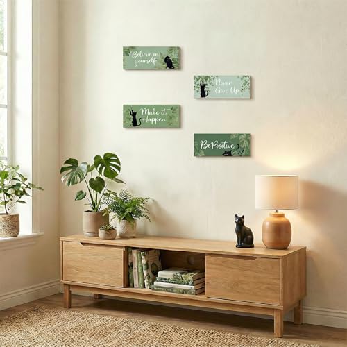 4Pcs Sage Green Office Decor for Women Inspirational Wooden Wall Decor for Office Home Sage Green Black Cat Wall Art Motivational Quotes Wooden Signs Set Positive Affirmations for Bedroom Work - style: Sage Green