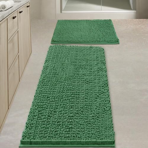 BOANKODU Bathroom Rugs Sets 2 Piece，47X16+16X24Inch，Absorbent Non-Slip Very Soft Chenille Mat,Machine Washable （Dark Green） - color: Dark Green, size: 47" x 16" + 16" x 24" (Rectangular)