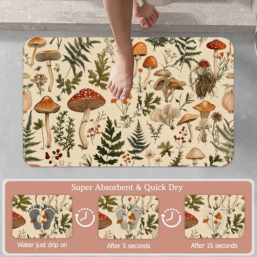 Bath Mat,Mushroom Forest Bathroom Rugs,Quick-Drying Non-Slip Rubber Bath Mats Herbs Flowers Absorbent Diatomaceous Earth Mat for Bathroom Home Decor 17"x29.5" - color: Mushroom Forest,herbs Flowers