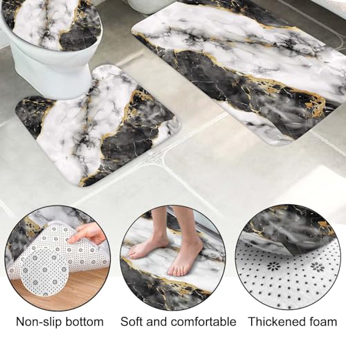 Lnond 4Pcs Bathroom Sets with Shower Curtain and Rugs, Marble Bathroom Shower Curtain Sets, Black White Gold Modern Art Bathroom Sets with Rugs and Accessories - color: Black Grey Marble