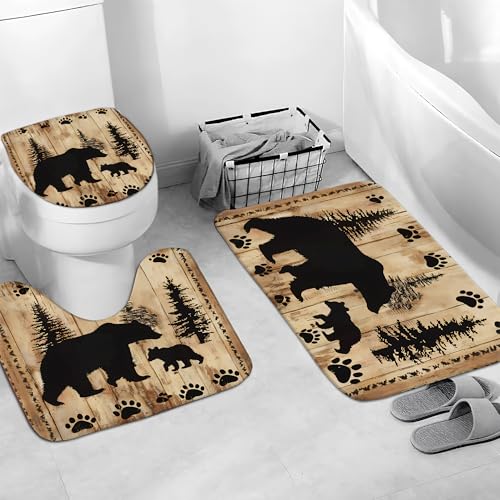 4 Pieces Rustic Bear Shower Curtain for Cabin Bathroom Forest Woodland Nursery Bear Shower Curtain Set with Non-Slip Rugs Toilet Lid Cover and Bath Mat Farmhouse Shower Curtains Toilet Home Decoration - color: Rustic Bear