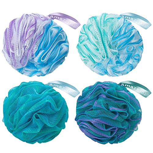 AmazerBath Loofah Sponge 60g/Piece, Exfoliating Bath Sponge Body Scrubber - Loofa Set of 4 Flower Color (Green-Purple) - style: Green-purple