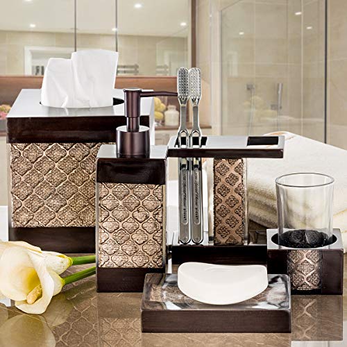 Creative Scents Dahlia Brown 4 Piece Bathroom Accessories Set | Includes Soap Dispenser, Toothbrush Holder, Tumbler Cup & Soap Dish