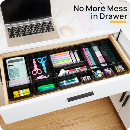 Vtopmart 25 PCS Office Desk Drawer Organizers Set, 4-Size Versatile Plastic Drawer Organizer Trays, Storage Bins for Desk Accessories Office Organizers and Storage, Bathroom, Makeup, Vanity, Black - color: Black