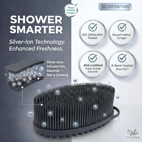 Avilana Silver Edition Body Scrubber - Silver-Ion Infused Silicone Shower Brush, ISO Tested Dual Sided, Stays Fresher Longer, SGS Certified Gentle Exfoliating Loofah Alternative Sensitive Skin Women - color: Marbled-silver, size: Massage