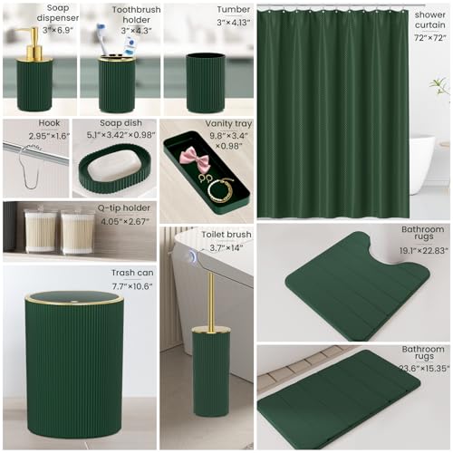 Dark Green Bathroom Accessories Set - Bathroom Sets, 25PC Bath Accessory Set, Bathroom Sets with Push Top Trash Can, Shower Curtain and Rugs, Toilet Brush, Trash Can & Soap Dispenser - color: Dark Green & Gold, size: 25-Piece Set (Accessories + Shower Cur