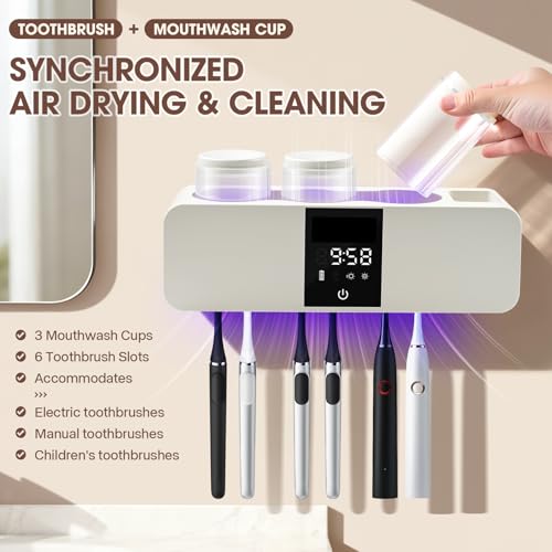 LXIANGN 3 in 1 Toothbrush Cleaner Holders for Bathrooms,Wall Mounted Toothbrush Holders with Drying and Cleaning,Smart LED Screen,6 Toothbrush Slots,3 Cups and Toothpaste Dispenser (White) - color: White