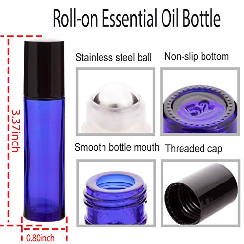 6Pcs 10ml Essential Oil Roller Bottles, with Stainless Steel Roller Balls, 10ml Blue Glass Roll on Bottles for Essential Oils, 1 Extra Roller Ball, 6 Labels, 1 Openers, 2 Droppers Included - color: Blue