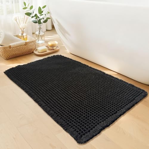 Black Bathroom Rug - Waffle Bath Mat Non Slip Washable, Super Absorbent & Quick Dry, Small Boho Bath Mat Farmhouse Bathroom Decor, 18'' x 30'', Black - color: Black, size: 18'' X 30''