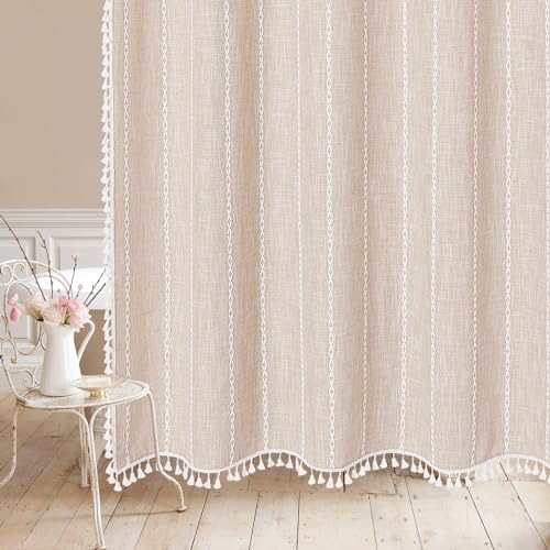 MitoVilla No Hooks Required Boho Farmhouse Shower Curtain with Snap-in Liner, Cotton Linen Fabric Shower Curtains with Tassels for Rustic Neutral Bathroom Decor, Beige/Cream, 72 x 74 - color: Cream