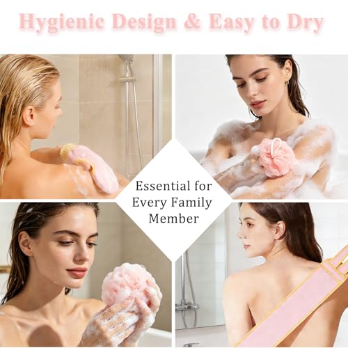 Exfoliating Glove and Back Scrubber for Shower - 3-Piece Exfoliating Mitt Set with Bath Sponge - Deep Skin Cleansing Body Scrubber for Dead Skin Removal, Self-Tan (Pink) - color: Pink