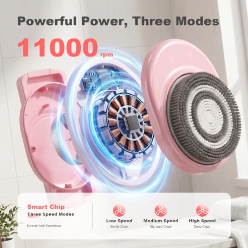 Electric Back Scrubber for Shower Wall Mounted, Hands-Free, 7'' Large Brush | Parents, Fitness Enthusiasts, Luxury Home Spa; Auto-Rotating Brush; 3 Speed Adjustment Exfoliating Brush For Back Cleansing - color: Pink