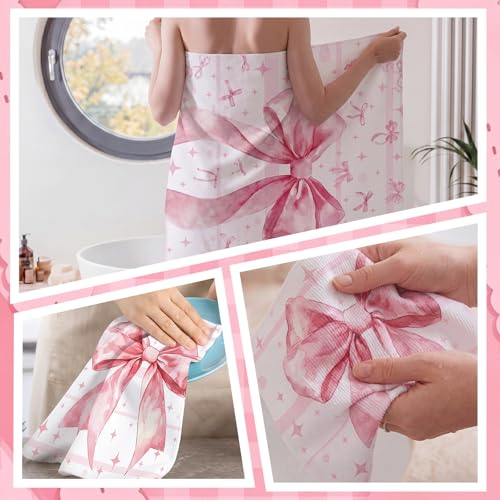 Moukeren Set of 3 Pink Bow Bath Towels Cute Coquette Large Bow Bath Towel Hand Towel and Washcloth Soft Decorative Towels for Girls Womens Bathroom Kitchen Pool Gym Spa Yoga - style: Large Bow