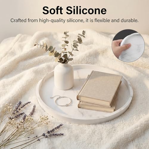 Round Tray Silicone Green, 10.6 Inch Bathroom Tray Countertop Decor, Vanity Trays for Bathroom Organizers, Waterproof Bathroom Tray for Counter, Decorative Coffee Table Tray - color: Marble White, size: 10.6"
