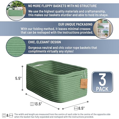 NaturalCozy 13.5”x8.5”x5.5” Rectangle Storage Baskets for Shelves 3 Pack | Cotton Rope Woven Small Baskets for Organizing | Small Storage Bins for Nursery, Bathroom, Closet, Shelf, Decorative - color: Green, size: 13.5" x 8.5" x 5.5"