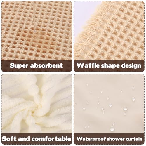 3 Pcs Boho Farmhouse Bathroom Shower Curtain Set with Waffle Bath Mat and Hand Towel Cream 71” x 71” Waterproof Neutral Shower Curtain Non Slip with 12 Hooks for Bathroom and Hotel Tub Decor