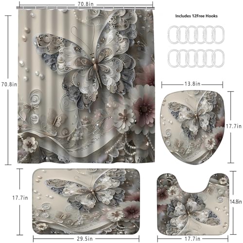DDQQ 4Pcs Shower Curtain Sets, Gray Butterfly Bathroom Curtains Shower Set, Bathroom Decor Sets, Shower Curtain for Bathroom with Rugs, Toilet Lid Cover, Bath Mat and 12 Hooks, 71 x 71 Inches - color: Grey
