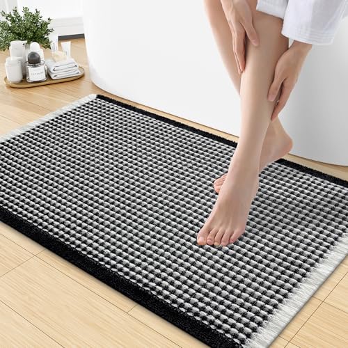 Smiry Waffle Bath Mat 30x18, Extra Soft Absorbent Bathroom Rugs, Non Slip Machine Washable Quick Dry Bath Rugs for Bathroom Floor, Tub, Shower, Home Decor Accessories, Black & Cream - color: Black & Cream, size: 30'' X 18''