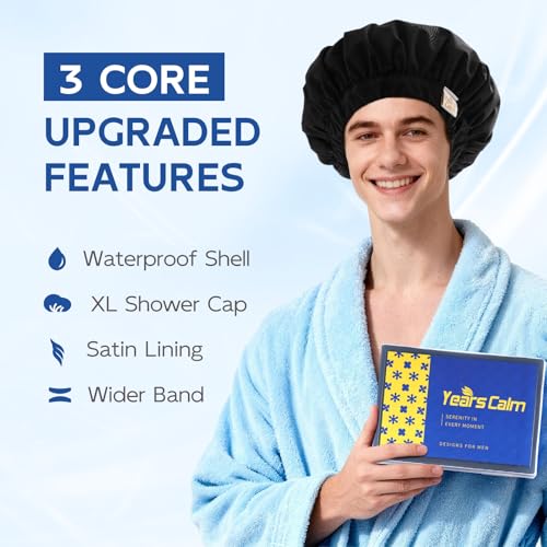 Years calm Shower Cap for Men Waterproof Reusable - Fashion Dual-Layer Design, Adjustable Elastic Band for Long & Curly Hair, XL Bath & Spa Cap for Travel, Satin Lined Shower Cap Black - color: Eternal Obsidian