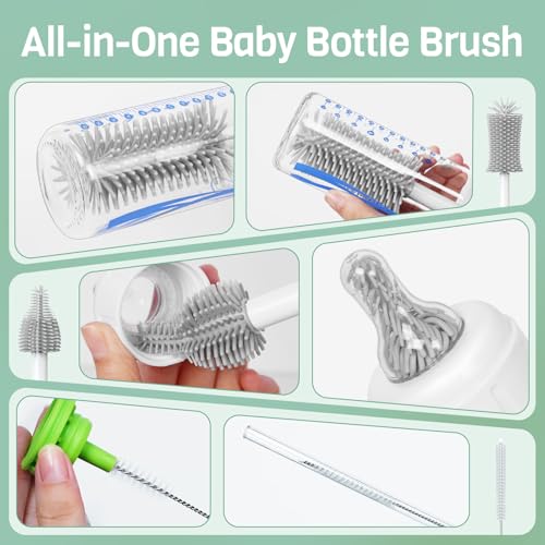 SEANCHEER S02 Electric Bottle Brush Set, Portable Baby Bottle Brush Cleaner, AA Battery-Powered & IPX7 Waterproof, with Silicone Bottle/Nipple/Sponge/Straw Brush, for New Parents (Extra-Long) - color: Extra Long Gray