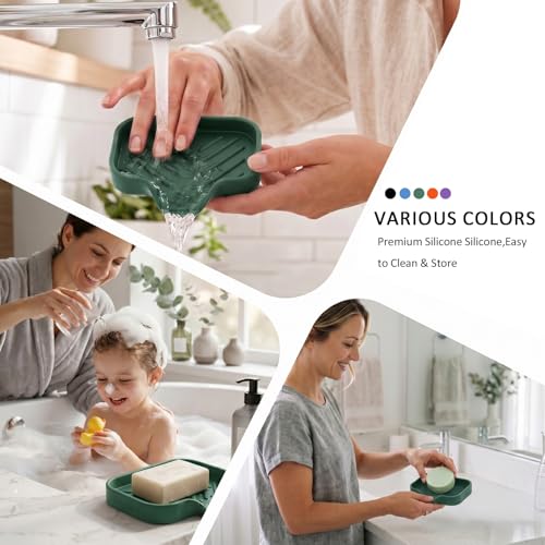 MicoYang Silicone Soap Dish with Drain Spout, Self-Draining Sink Organizer Tray for Bathroom and Kitchen, Sponges, Dispensers and Soap Holder, Non-Slip and Dishwasher Safe, Green (Compact, 4.9"×3.2") - color: Green, size: S(4.9"×3.2")