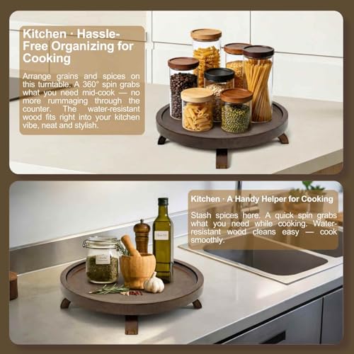 12" Solid Wood Lazy Susan Turntable Organizer for Cabinet, Pantry, Kitchen Countertop - Farmhouse Style with Raised Feet & Water-Resistant Coating, Rustic Bathroom Vanity Tray and Dining Table Decor - size: 12 Inch