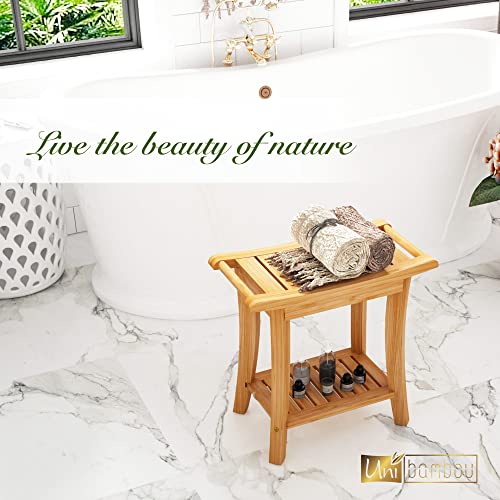 Unibambou Bamboo Shower Bench with Storage Shelf, Wooden Spa Bath Deluxe Organizer Shower Stool for Inside Shower, Bathroom Bench Seat for Adults Elderly Seniors for Indoor or Outdoor Use - color: Natural, size: Medium 19x10x18 Inch