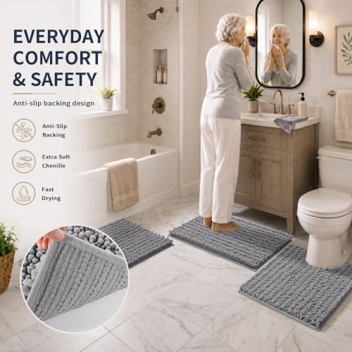 Yimobra Bathroom Rug Set 3 Piece - Super Absorbent Quick Dry Chenille Bath Mats & Toilet Rug, Non Slip Machine Washable, Extra Thick Shaggy Floor Mat for Shower Tub Sink, Grey - color: Grey, size: 24"x20" + 30"x20"+ 44"x24"