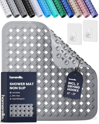 homerella® Shower Mat Non Slip Anti Mold, Non Slip Shower Mats for Inside Shower Stall Anti Slip Mat, Square Shower Floor Mat 21 x 21 in with Suction Cups & Hooks for Quick Drying, Machine Washable - color: Grey
