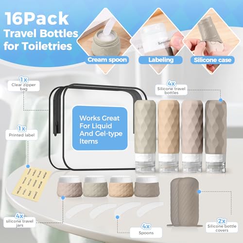 16Pack Travel Bottles for Toiletries, TSA Approved Travel Size Toiletries Containers Set, Silicone Leak Proof Refillable Bottles Elastic Sleeves Creams Jars Accessories Kit W/Clear Bag (Cream) - color: Cream