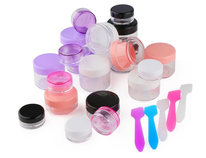 Accmor 10 Pieces Makeup Travel Containers with Lids 0.11/0.18/0.35/0.53/0.7 OZ Size Cosmetic Jars with 5 Pieces Mini Spatulas for Gift, Makeup Sample Container(White & Pink) - color: White+Pink