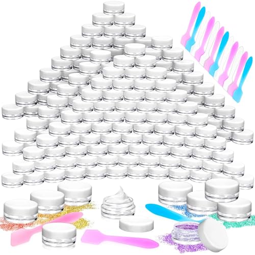 100 Pcs 3g Empty Plastic Containers with White Lids,Tiny Makeup Sample Containers, Small Pot Jars Clear Round Cosmetic Jars with 20 Pcs Mini Spatulas for Liquid Sample Powder Creams - color: White, size: 3g