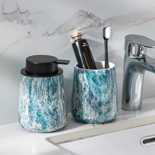 Enra Ceramic Foam Soap Dispenser, 12 oz Blue Foaming Soap Dispenser for Bathroom & Kitchen with Easy-to-Press Silver Pump（Blue Foam Type） - color: Blue Foam Type