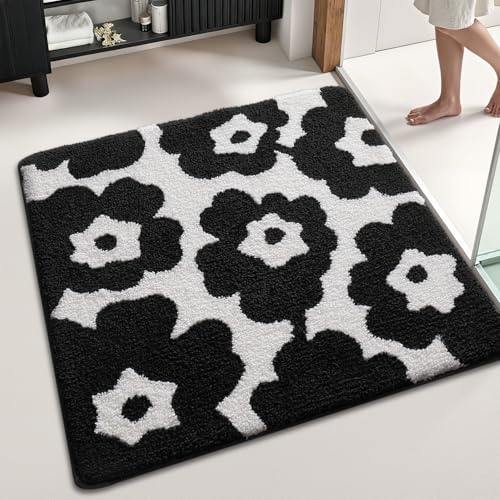 LUMI Floral Bathroom Rugs, Soft Absorbent Square Bath Mat, Non-Slip Quick Dry Luxury Rug, Flower Black White Mats for Shower Floor, Bathtub, Home Decor, Modern Aesthetic, 32"x32" - color: A-flower Black, size: 32"x32"(Square)