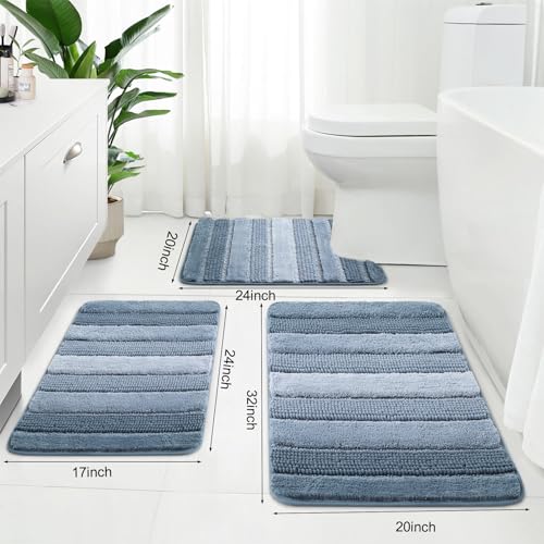 Kmson 3 Pcs Ombre Chenille Bathroom Rugs Set, Non-Slip Ultra Soft Washable Shaggy Bath Rugs for Bathtub, Thick Water Absorbent Microfiber Shower Mat Blue - color: Light Blue Rug, size: 17" x 24" + 20" x 32" + U Shape 24" x 20"