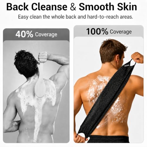 Yiclick Exfoliating Washcloth Towel with Handle, Back Scrubber for Shower, Exfoliating Body Scrubber Exfoliator, Japanese Wash Cloth for Body Scrub, Bath Sponge Loofah Luffa Washer Exfoliator - color: Charcoal