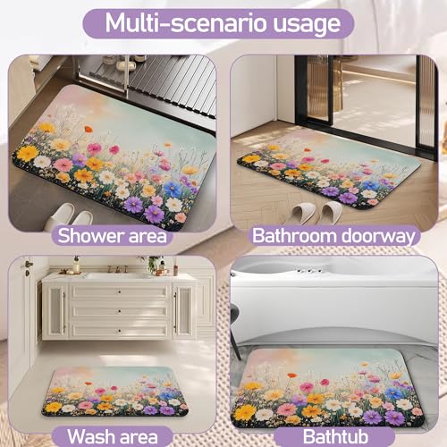 Colorful Flowers Bathroom Mat, Non Slip Rubber Backed Fast Dry Bath Rug, Thin Bath Mat for Bathroom Kitchen 17"x30" - color: Colorful Flowers