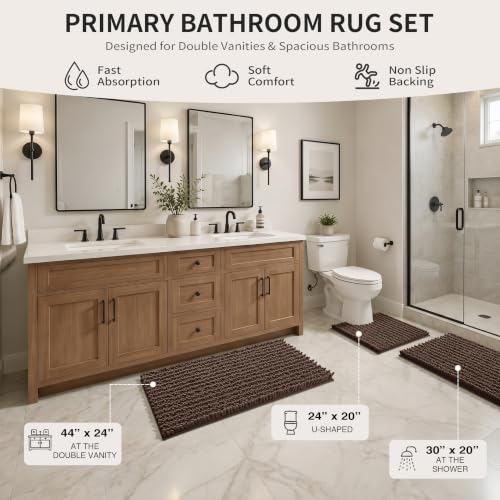 Yimobra Brown Bathroom Rug Set 3 Piece - Super Absorbent Quick Dry Chenille Bath Mats & Toilet Rug, Non Slip Machine Washable, Extra Thick Shaggy Floor Mat for Shower Tub Sink - color: Brown, size: 24"x20" + 30"x20"+ 44"x24"
