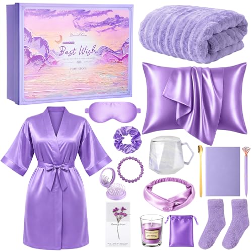 Twistover 16 Pcs Birthday Gifts for Women: Luxury Robe & Blanket Spa Gift Basket for Women -scented Candle, Mug, Notebook, Pillowcase & Spa Accessories(Light Purple) - color: Light Purple