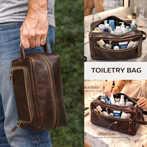 Men's Toiletry Bag Leather Travel Toiletry Bag Dopp Kit for Men Shaving Bag for Travel Accessories 101 YEAR QUALITY REPLACEMENT WARRENTY - color: Dark Chocolate Brown