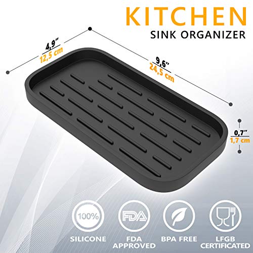 ZAPPOWARE Kitchen Sink Organizer | Silicone Sponge Holder - Storage Tray for Dish Sponge, Soap Dispenser, Scrubber 9.6"x 4.9" (Black) - color: Black
